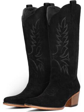 Women’s Black Slip-On Mid-Calf Embroidered Cowboy Snip Toe Chunky Heel